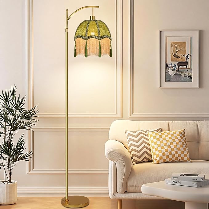 Vintage Floor Lamps for Living Room Boho Rustic Floor Lamp with Remote Control & 3 Color Temperature,Dimmable Gold Floor Lamp Mid Century Modern Standing Lamp Fringe Green Tall Floor Lamp For Bedroom