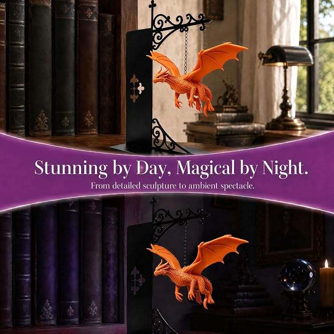 Magical Floating Dragon Bookshelf Lamp, Warm LED Dragon Night Light, Fantasy Reading Nook Decor, Unique Gift for Fantasy Lovers and Book Readers (Orange)