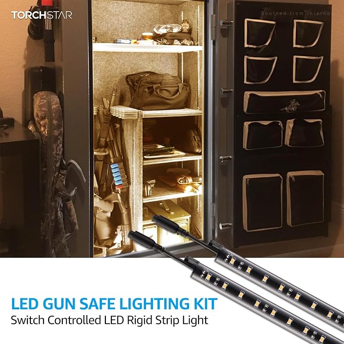 TORCHSTAR 4pcs 12 Inch LED Safe Lighting Kit, Rocker Switch, 3000K | UL Power Adapter, Input 100-240V, Linkable Gun Safe Light Bars, 600LM, for Under Cabinet Locker Closet Showcase, Warm White