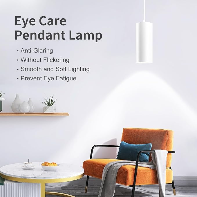 4" Pendant Lights Kitchen Island, 25W Cylinder Hanging Lights with Dipswitch, Modern Eye Care Led Pendant Lamp fixtures for Bedroom, Living Room, Office (White, 2 Pcs)