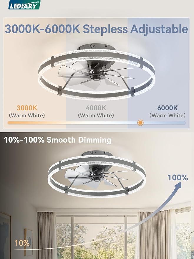 LEDIARY 24'' Modern Low Profile Ceiling Fans with Lights and Remote, Gray | 3000-6000K Dimmable LED, 6 Wind Speeds, Quiet Reversible DC Motor, Small Flush Mount Fandelier for Bedroom, Living Room