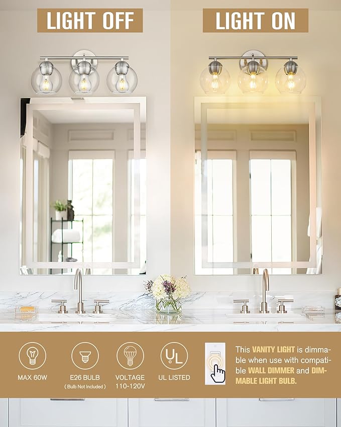 Emak Modern Brushed Nickel Bathroom Light Fixtures, 3-Light Globe Vanity Lights with Clear Glass Shade, VL114-BN-3