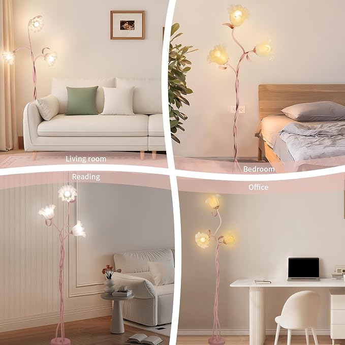 Flower Floor Lamp for Living Room, Tall Standing Reading Lamp with Flexible Neck Shaft for Bedroom Decor, Modern Corner Floor Lamps with 3-Color Temperatures LED Bulb (Pink)