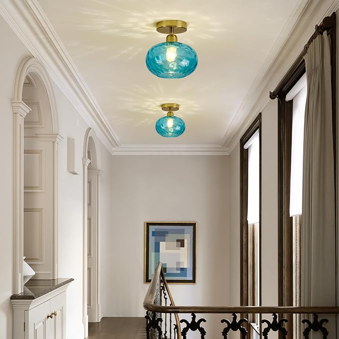 7.9″ Vintage Small Blue Semi Flush Mount Hallway Ceiling Light ,2 Pack | Art Deco Hammered Glass,Whimsical,MCM,Gold Mid Century Light Fixtures for Closet Cottage Entryway Laundry Room Foyer