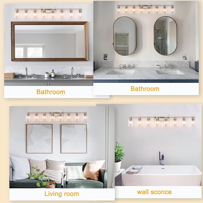 8 Light Bathroom Vanity Light Brushed Nickel Bathroom Light Fixtures 8-Light Vanity Lights for Bathrrom Lights Fixtures Over Mirror Large Wall Sconce with Clear Glass Shade