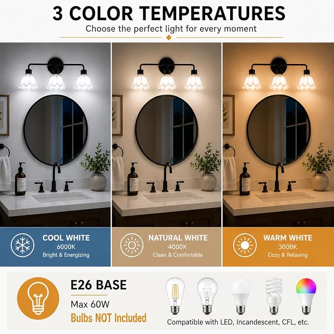 3 Light Black Bathroom Light Fixture,Modern Black Vanity Lighting Over Mirror,Cute White Glass Flower Lampshade,Wall Sconces,E26 Socket(Bulbs Not Included)