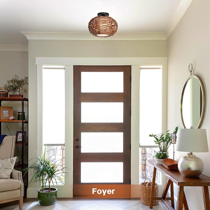 CALOKES Boho Semi Flush Mount Ceiling Light, Rattan Style Hand Woven Shade, Farmhouse Ceiling Fixture for Bedroom, Kitchen, Hallway, Entryway