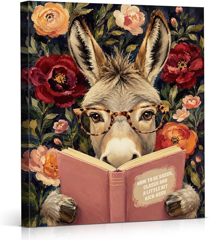 NSFBESSLIA Funny Reading Donkey Painting, Whimsical Floral Animal Decor, How To Be Sassy Classy And A Little Bit Kick-Assy, Wall Art for Living Room Bedroom Entryway, 8x10 Inch