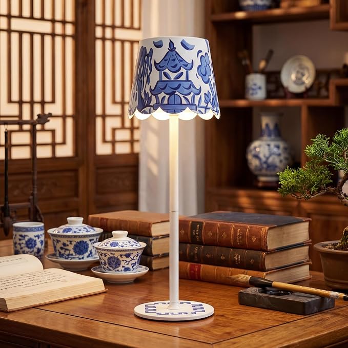 Pickmesh 1 Pack Chinoiserie Mahjong Lamp Scalloped Edge Chinoiserie LED Cordless Table Lamp 3 Color Modern Rechargeable Lamps for Mah Jong Table Living Room Nightstand Desk