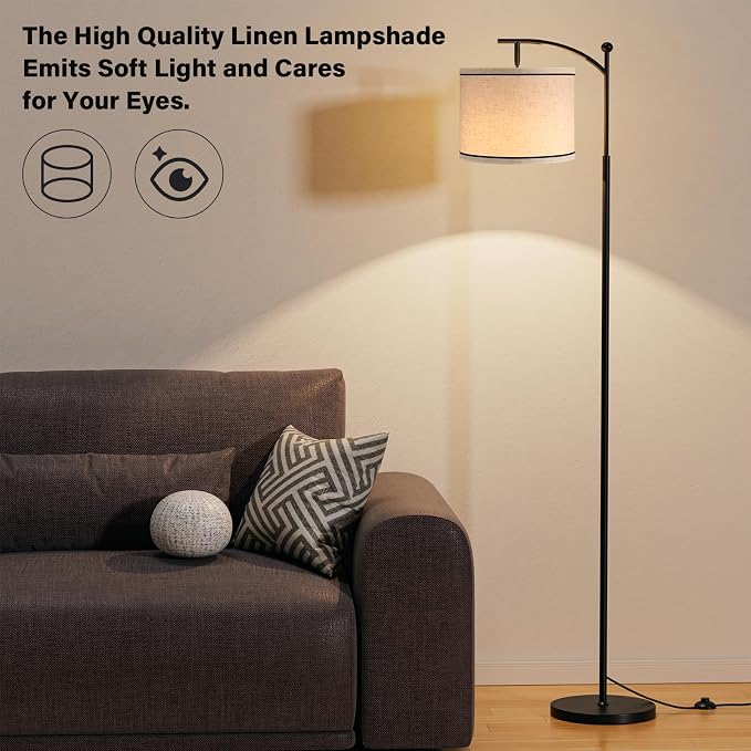 60" Floor Lamp for Living Room with 3 Color Temperatures, Beige Lampshade with Black Stripes, Tall Lamp for Bedroom Office, 9W Bulb Included
