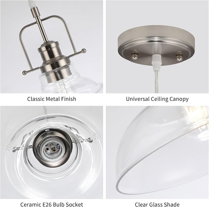 WILON Clear Glass Modern Pendant Light for Kitchen, Brushed Nickel | 11'' Clear Glass Shade, Adjustable Height, E26 Ceramic Socket, 60W MAX, Modern Style for Dining Room Kitchen Over Sink