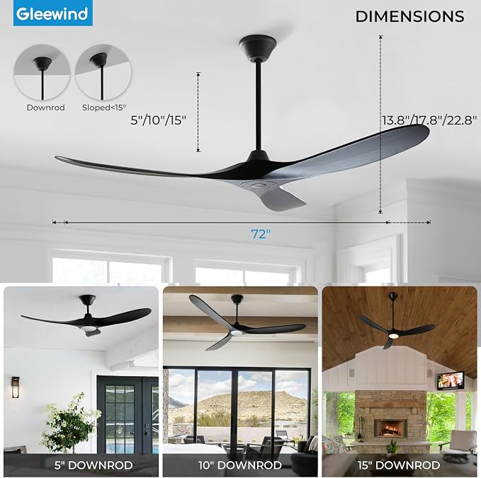 72 inch Outdoor Ceiling Fans with Lights-Glass Lamp, Large Damp Rated Wood Propeller Blades for Big Patios & Porch, Smart APP and Remote Control, 3 Blades Dimmable LED Ceiling Fans, High CFM-Black