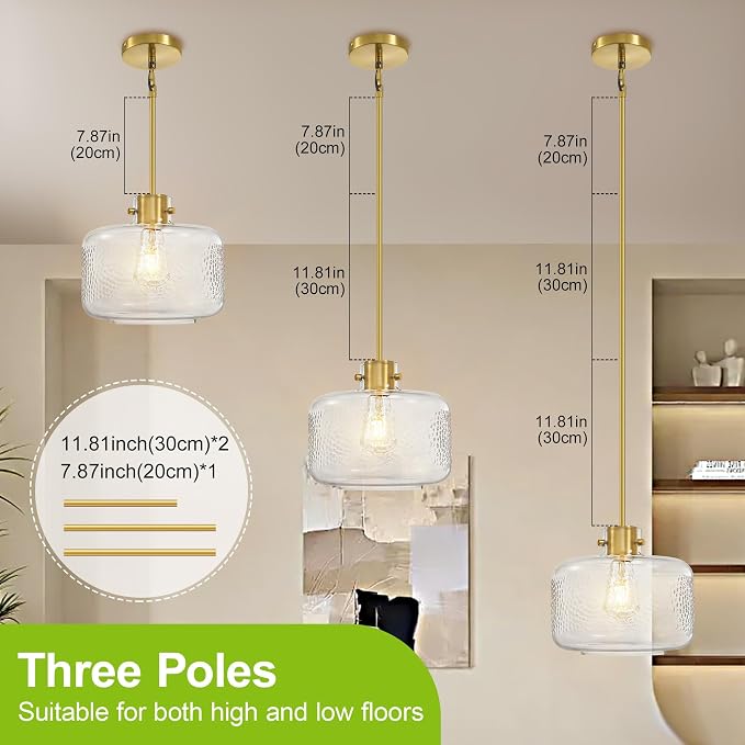 Gold Pendant Lights Kitchen Island with 9.84in Hammered Glass Shade 1Pack | Handcrafted Glass Pendant Light Fixtures, UL Certified, E26 Base 100W Max, Height-Adjustable, Dimmable Hanging Pendant Light