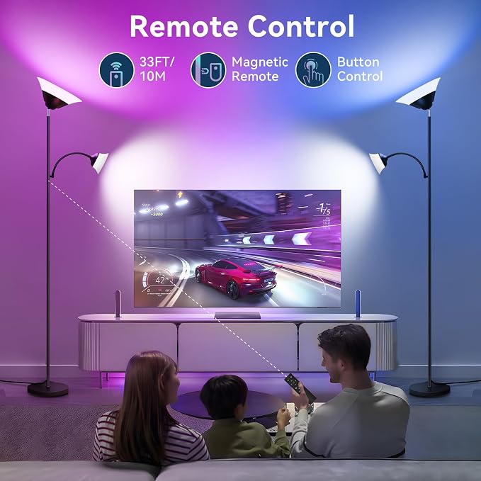 RGB Torchiere Floor Lamp, 2-in-1 Dimmable Standing Lamp with Remote & Button Control, 34W 360° Rotatable LED Reading Lamp, 72" Modern Tall Corner Lamp for Bedroom, Living Room, Office, Black