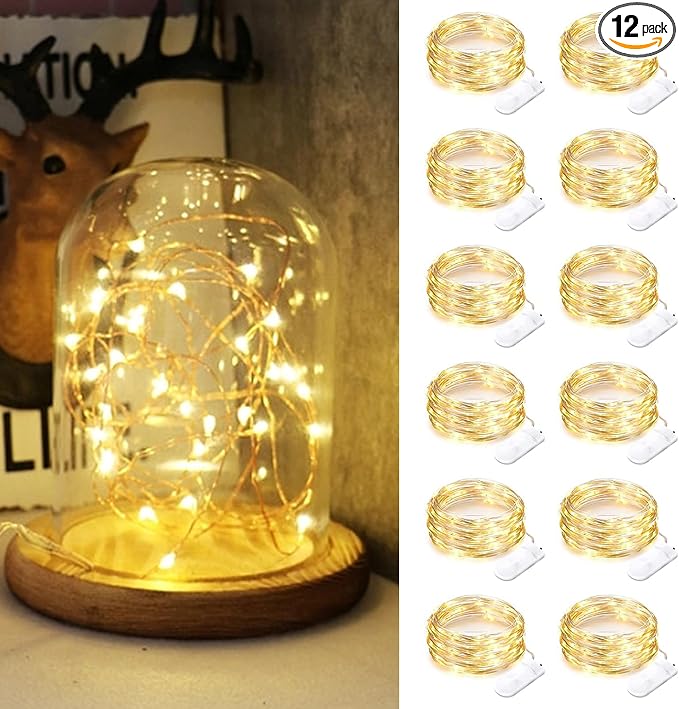 12 Pack Fairy Lights Battery Operated, 7FT 20 LED Mini String Light | Warm White Waterproof Silver Wire Twinkle Christmas Lights Ideal for Wedding Centerpieces, Mason Jars, Party Holiday Decor