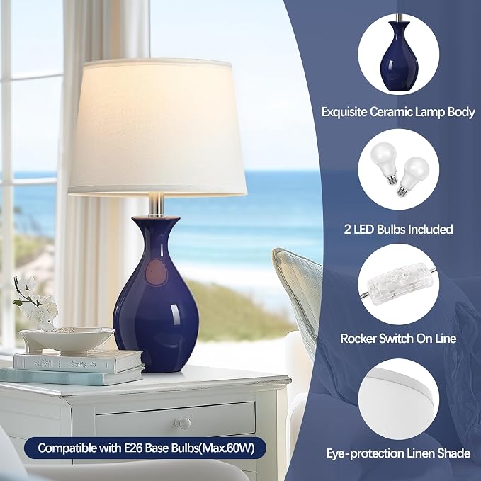 Table Lamp Set of 2, Modern Ceramic Bedside Lamps for Night Stands, Classic Small Lamp Nightstand Lamp for Bedroom Living Room Desk End Table Rocker Navy Blue