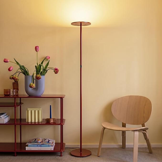 Brightech Sky LED Floor lamp, Torchiere Super Bright Floor Lamp for Living Room Decor & Office - Dimmable, Tall Standing Lamp with Warm Light for Bedroom & Reading - Red