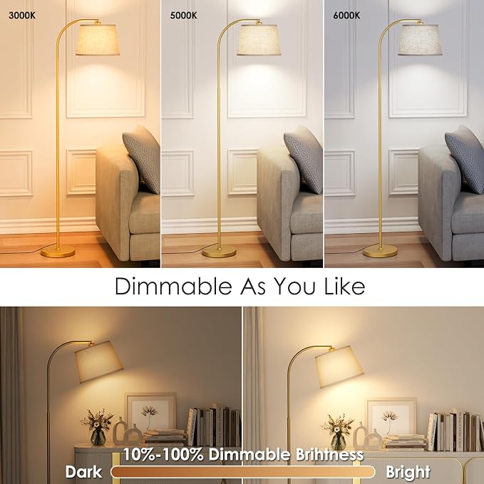 Karjoefar 64" 3 Color Dimmable Gold Arc Floor Standing Lamp with Remote | Floor Lamp with Adjustable Linen Shade, 350° H & 180° V Rotation, 9W Bulb, Floor Lamps for Living Room, Bedroom & Office