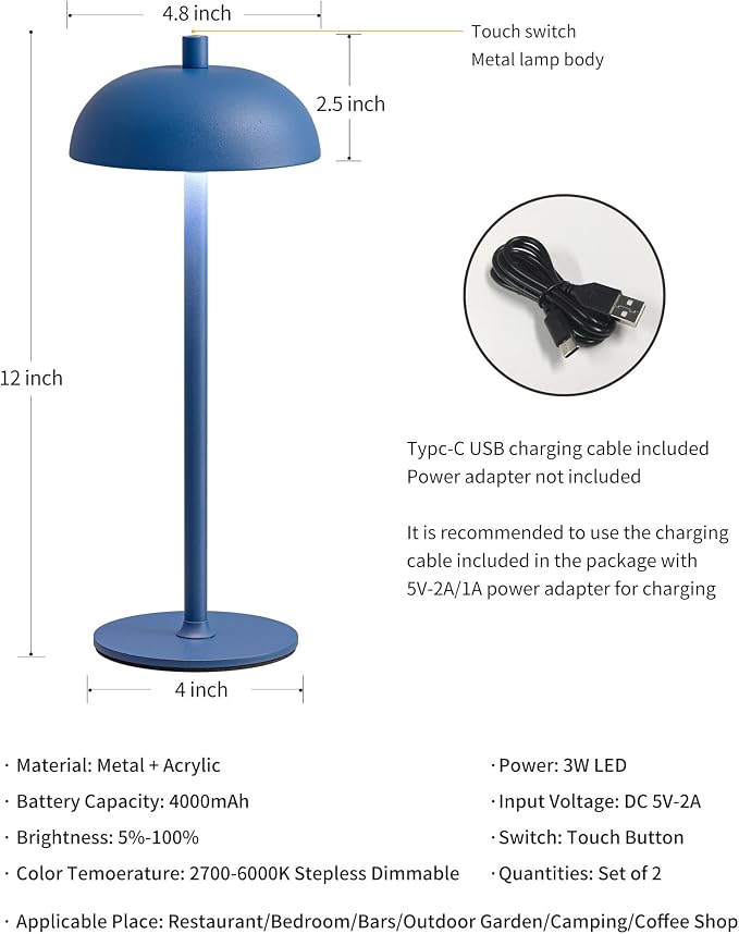 12" Cordless Table Lamps Set of 2, Blue Modern Portable Desk Lamp | LED, 3 Color Dimming, Rechargeable, Battery Operated Lights for Bedroom, Outdoor, Restaurant, Bedside, Night Light, Gifts