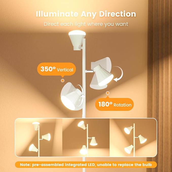 36W LED Tree Floor Lamp, Dimmable Tall Standing Lamp with Remote & Touch Control, 4 Color Temperatures Bright Floor Lamp, 3 Rotatable Light Modern Floor Lamps
