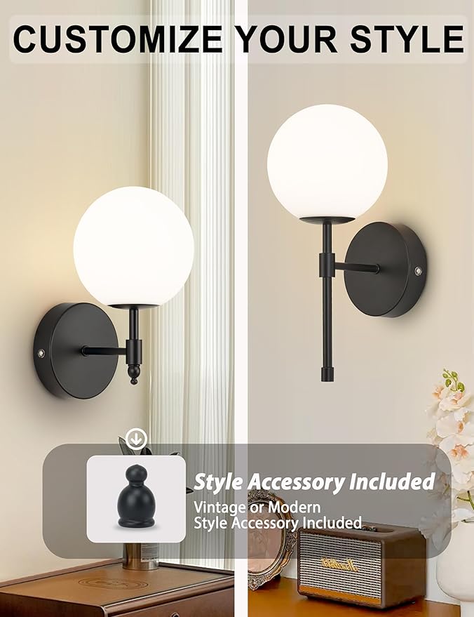 Battery Operated Wall Sconces Set of 2, Glass Globe Wireless Lights with Remote & Touch Control, Rechargeable Matte Black Sconce, 3 Color Dimmable Ambient Lighting for Bedroom Living Room