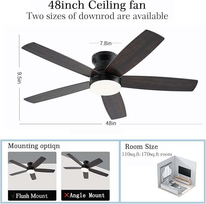 Ceiling Fans with Lights, 48Inch Low Profile Ceiling Fan with Light and Remote/App Control, Flush Mount, Reversible, 3CCT, Dimmable, Noiseless, Indoor/Outdoor Patios (Brown)