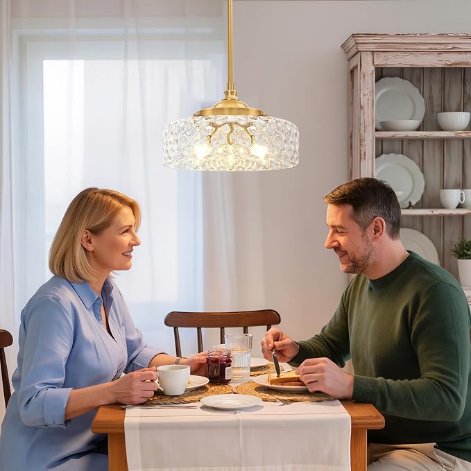 Vintage Pendant Light, Brushed Gold Pendant Lights Kitchen Island with Hammered Glass Shade, Hanging Ceiling Penant Lighting Fixtures with Adjustable Rods for Bathroom, Dining Room, Entryway, E12*3