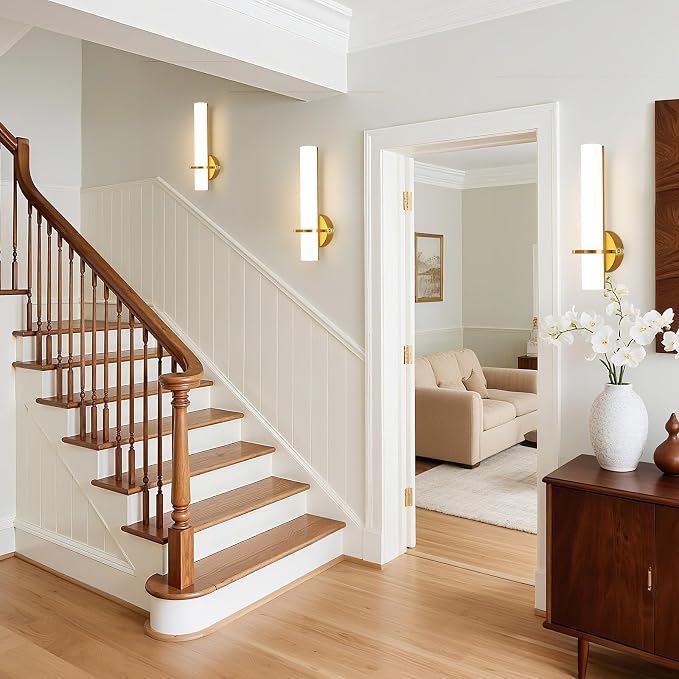 AIJIASI Battery Operated Gold Wall Sconces - 15 Inch Modern Sconce Wall Lighting 3000K-6000K Dimmable LED Wall Sconces Set of Two, Indoor Bathroom Sconce for Living Room Bedroom Hallway Stairway