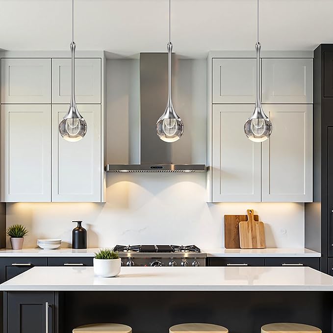 2-Pendant Lights Kitchen Island,Crystal Sliver Globe LED Chandelier, Modern Dimmable Adjustable Height Hanging Light Fixture,Sloped Ceiling,Bedroom,Dining Room