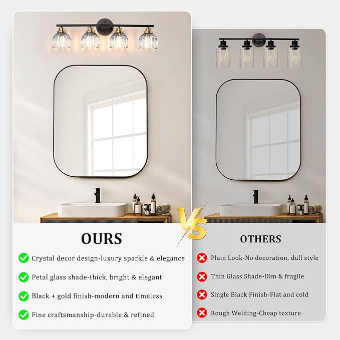 TALOYA Black Gold 4-Light Bathroom Vanity Light with Blue Tulip Glass Shade | Modern Vanity Lighting Fixtures, Bathroom Lights Over Mirror, Wall Mount Mirror Light Fixtures for Bathroom Hallway Bedroom