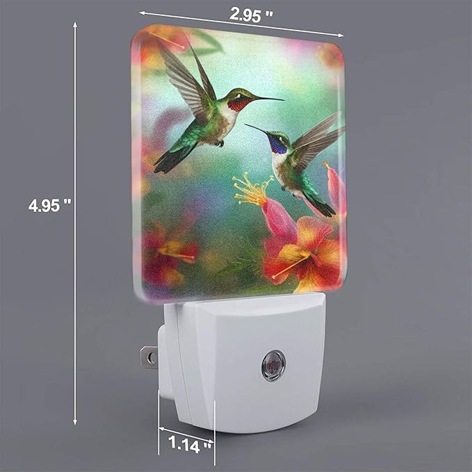 Hummingbirds Floral Night Light Set of 2, Flowers Birds Auto Sensor LED Dusk-to-Dawn Nightlights, Plug-in Sensor Lamp for Bedroom Bathroom Kitchen Hallway Stairs Decorative