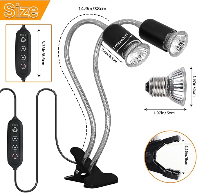 Reptile Heat Lamp, Double-Head Heat Lamp with Clamp, Cycle Timer, Dimmable UVA UVB Basking Light for Turtle Tortoise Lizard Snake Bearded Dragon, 4 Bulbs (2PCS 25W+2PCS 50W)