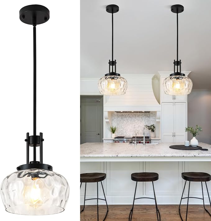 10 Inch Pendant Lights Kitchen Island, Black Pendant Light Fixtures with Hammered Glass Shade, Modern Farmhouse Island Hanging Light for Kitchen Dining Room Bedroom(Black)