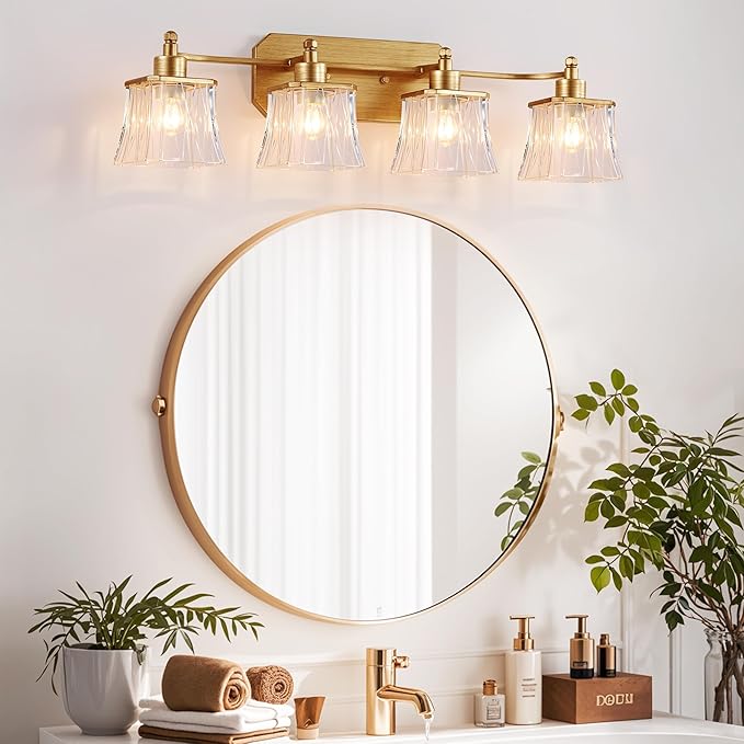 Gold Bathroom Vanity Light Fixture, 4-Light Vanity Lights for Bathroom , Matte Antique Brass Finish, With a Square Crystal Glass Shade, Vintage Bathroom Lighting Fixture over Mirror (Gold, 4 Light)