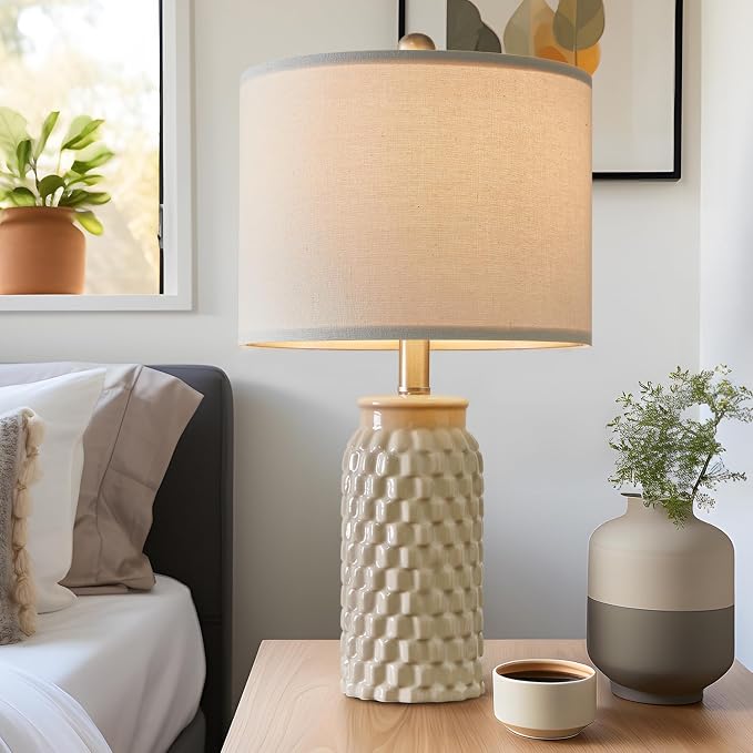 USumkky 20.5" Ceramic Table Lamps Set of 2 - Modern Farmhouse & Boho Style, Bedside Nightstand Lamps for Bedroom, Living Room End Table Lamps, Small Desk Lamp(Cream)