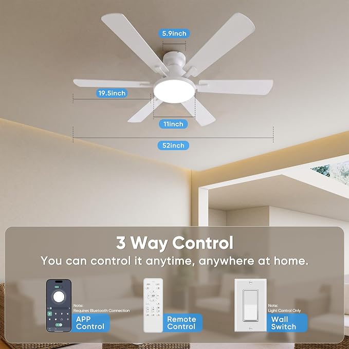 52'' Flush Mount Ceiling Fans with Lights for Living Room, White | 6 Blades, 6 Speeds, MAX 5600 CFM, Remote&APP Control, 3CCT Dimmable LED, All Metal Body, Memory Function, Reversible DC Motor
