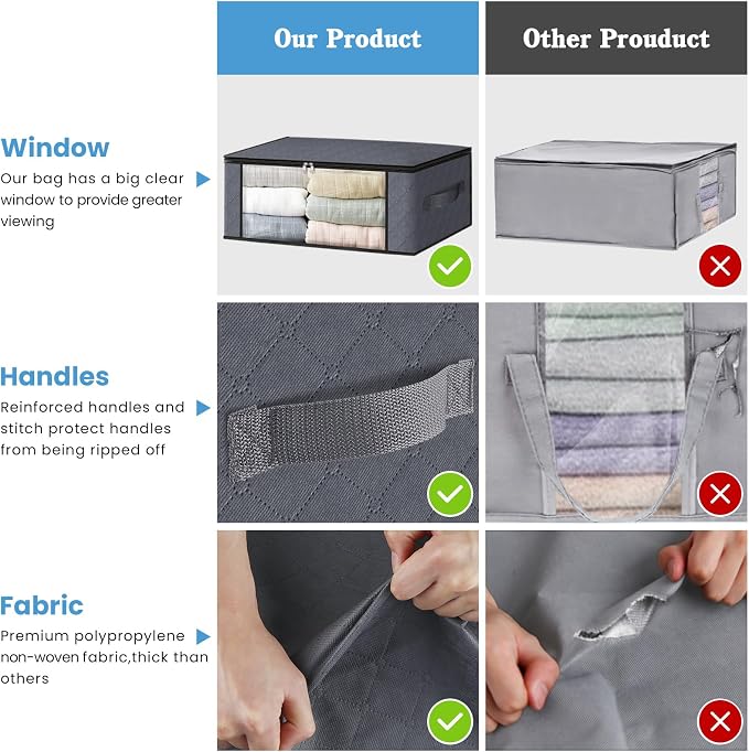 HomeHacks 8-Pack Clothes Organizer Storage Bags, 35L Storage Bins, Gray | Foldable Storage Box Container with Zippers, Clear Window, Reinforced Handles for Closet, Dorm, Pillows, Bedding, Sweater