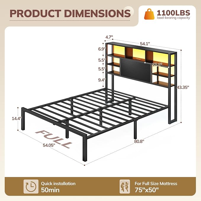 Homkdom Full Bed Frame with Storage Headboard and Charging Station，Black | LED Lights，12.2" Under-Bed Storage，Supports up to 1100 LBS，No Box Spring Needed，Noise-Free,Easy Assembly