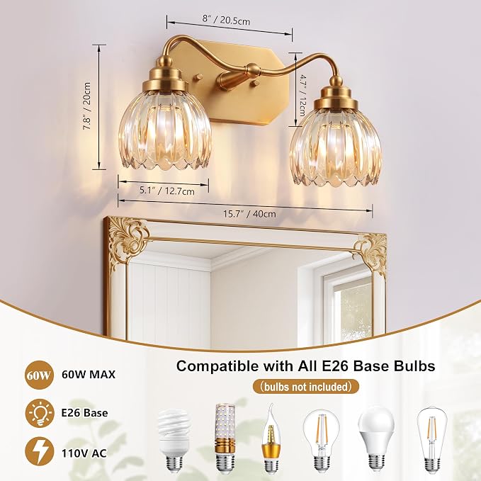Vintage Gold 2-Light Vanity Lights, Tulip Crystal, Antique Brass Finish | Brushed Gold Bathroom Light Fixtures, Amber Wall Sconce Ideal for Bedroom, Living Room, E26 Compatible, Easy Install