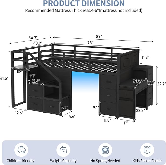 Twin Loft Bed with Desk, RGB Lights & Under Bed Play Fort, Black | 11 Storage Drawers, Clothes Rack, Pockets, Wide Step Stairs, 11.8''H Safety Guardrail, Built-in Charging Station