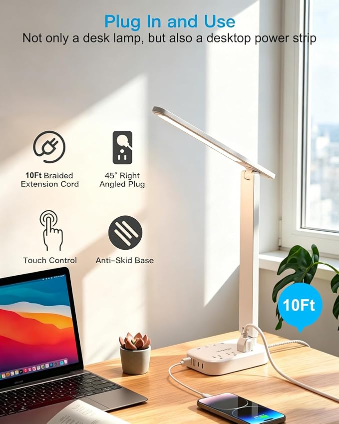 LED Desk Lamp, 10Ft Power Strip with 3 Outlets 4 USB Ports(2 USB C), White | One Beat 4 Modes 5 Level Brightness Touch Lamp, Small Desk Lamp for Home Office College Dorm Essentials, Study Reading Light