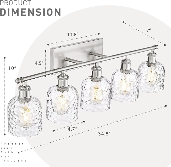 zeyu Modern Brushed Nickel Bathroom Lights Fixture, 35 Inch 5 Light Vanity Lighting Over Mirror, Brushed Nickel Finish with Clear Hammered Glass, ZJF63B-5W BN