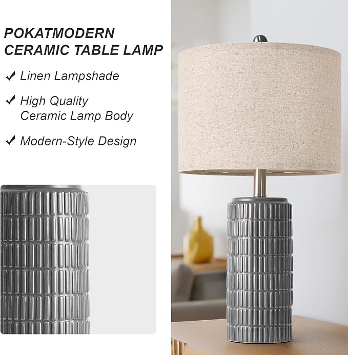 PoKat 23" Ceramic Dark Gray Table Lamps Set of 2 for Living Room, Modern Bedside Lamps for Bedroom, Farmhouse Nightstand Lamp for Home Office Guest Room Sideboard Entryway Decor Gifts