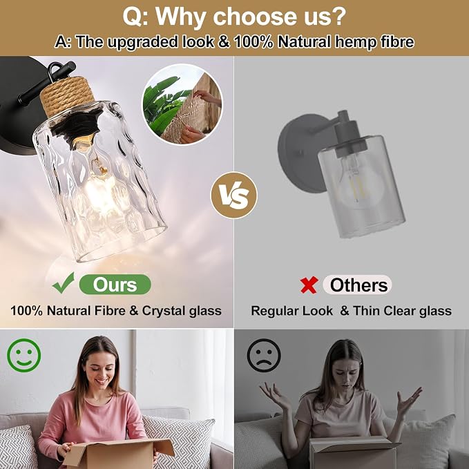 MOKATNG Set of 2 Wall Sconces for Bathroom, Coastal Modern Vanity Lights with Crystal Glass Shade, Black Bathroom Wall Lamp for Mirror Kitchen Living Room Hallway Cabinet Porch