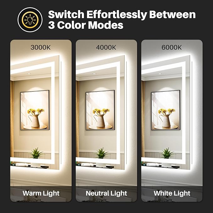 44x36 Inch LED Bathroom Mirror with Lights, Backlit & Front Lit | Anti-fog, 3 Color Dimmable, Memory Function, HD Reflection Tempered Glass, ETL Listed, IP54 Waterproof