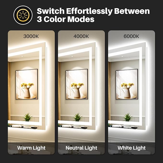 48x32 Inch LED Bathroom Mirror with Lights, Backlit & Front Lit | Anti-fog, 3 Color Dimmable, Memory Function, HD Reflection Tempered Glass, ETL Listed, IP54 Waterproof