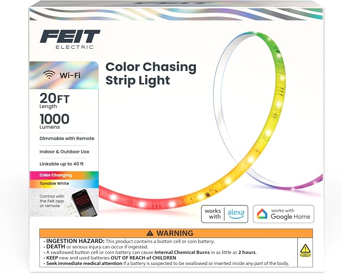 Feit Electric 20FT Smart LED Strip Light, Chasing RGB + Tunable White, App & Remote Control, Alexa & Google Home Compatible, Linkable & Cuttable Tape Light, TAPE20/CHASE/AG