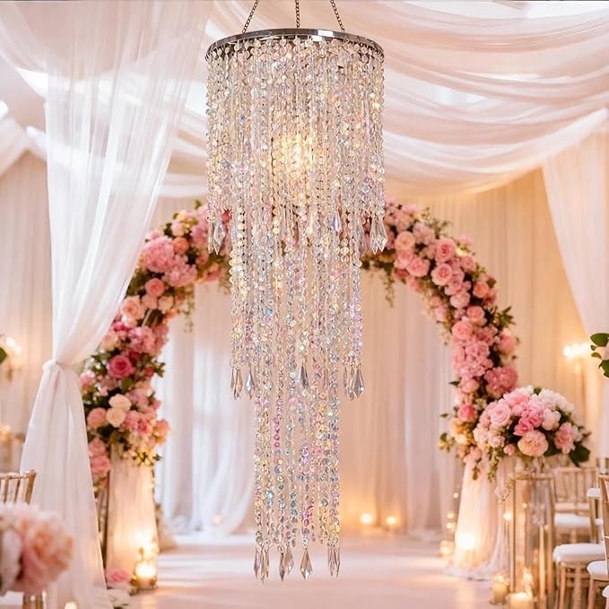30" Tall Iridescent Hanging Beaded Chandelier 3 Tiers 10.25" Diameter for Wedding Fake Chandelier