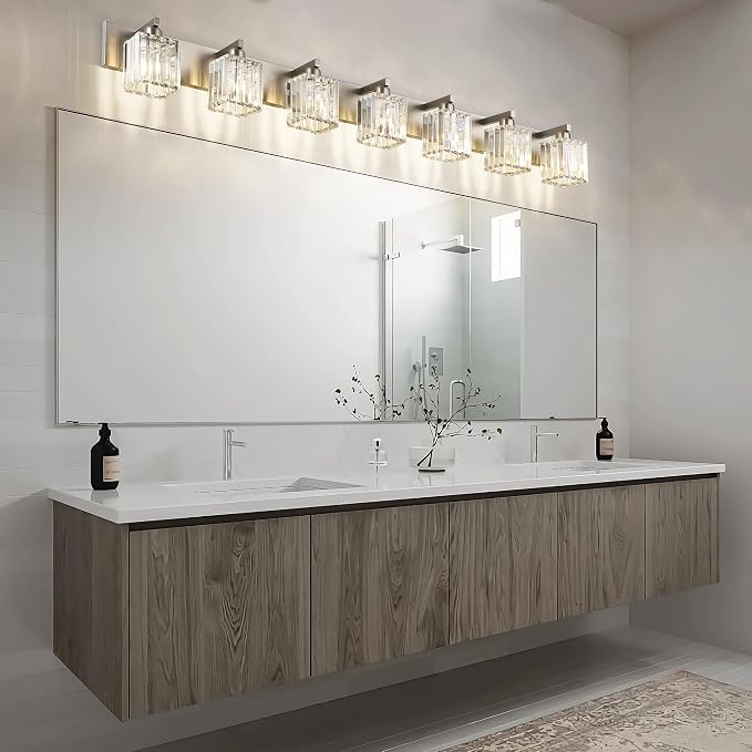 Aipsun Brushed Nickel Bathroom Light Fixtures Crystal Vanity Lighting Fixture Modern Bathroom Vanity Light 7 Light (Exclude Bulb)