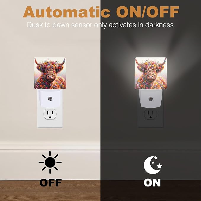Night Lights Plug into Wall, Highland Cow Night Light with Dusk to Dawn Smart Sensor for Bedroom Bathroom Hallway Kitchen, Led Nightlights for Boys Girls Women Men